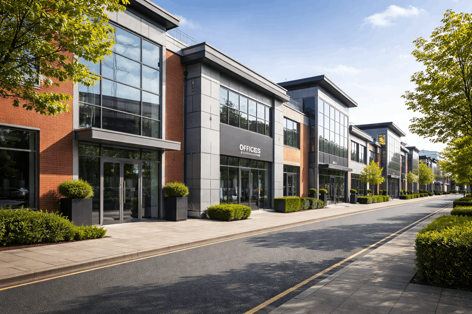 Contemporary commercial office buildings in Cambridge business district requiring professional heating services
