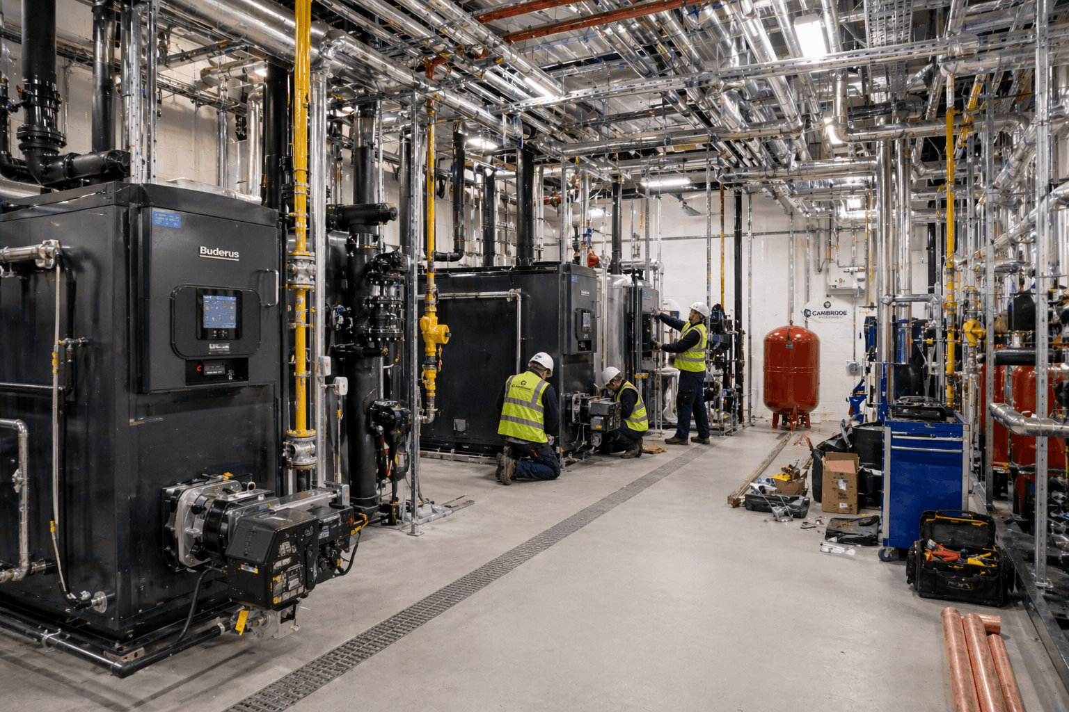 Large commercial heating plant room setup in Cambridge showing cascade boiler configuration and distribution manifolds