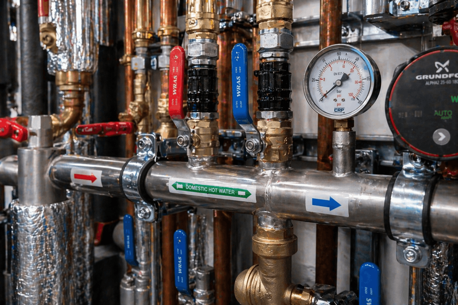 Close-up of commercial hot water pipework installation in Cambridge business premises