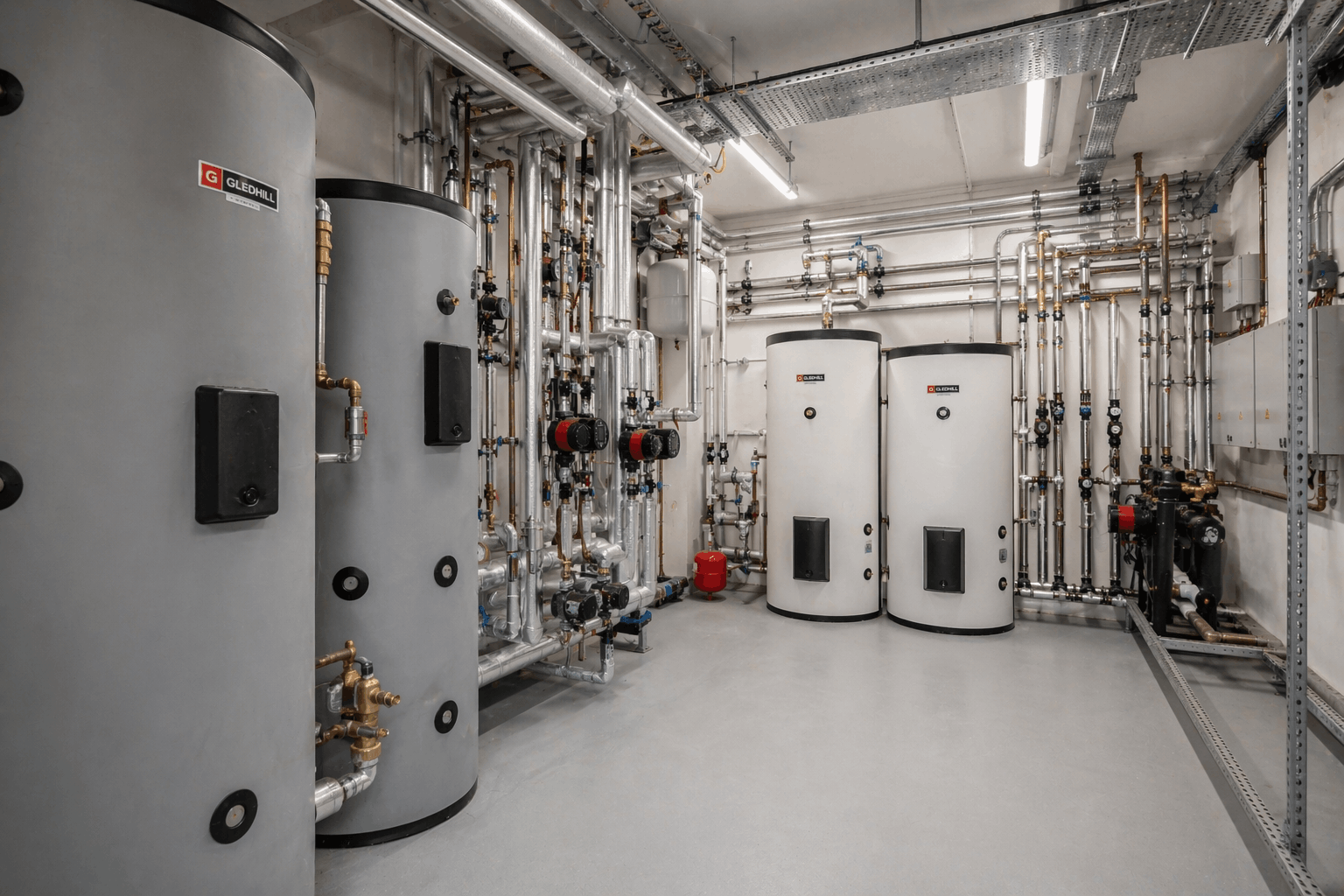Commercial hot water system plant room installation in Cambridge showing professional setup