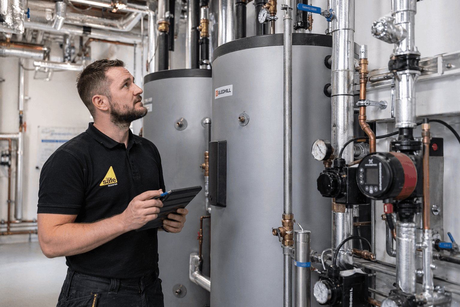 Engineer performing commercial hot water tank system maintenance check in Cambridge