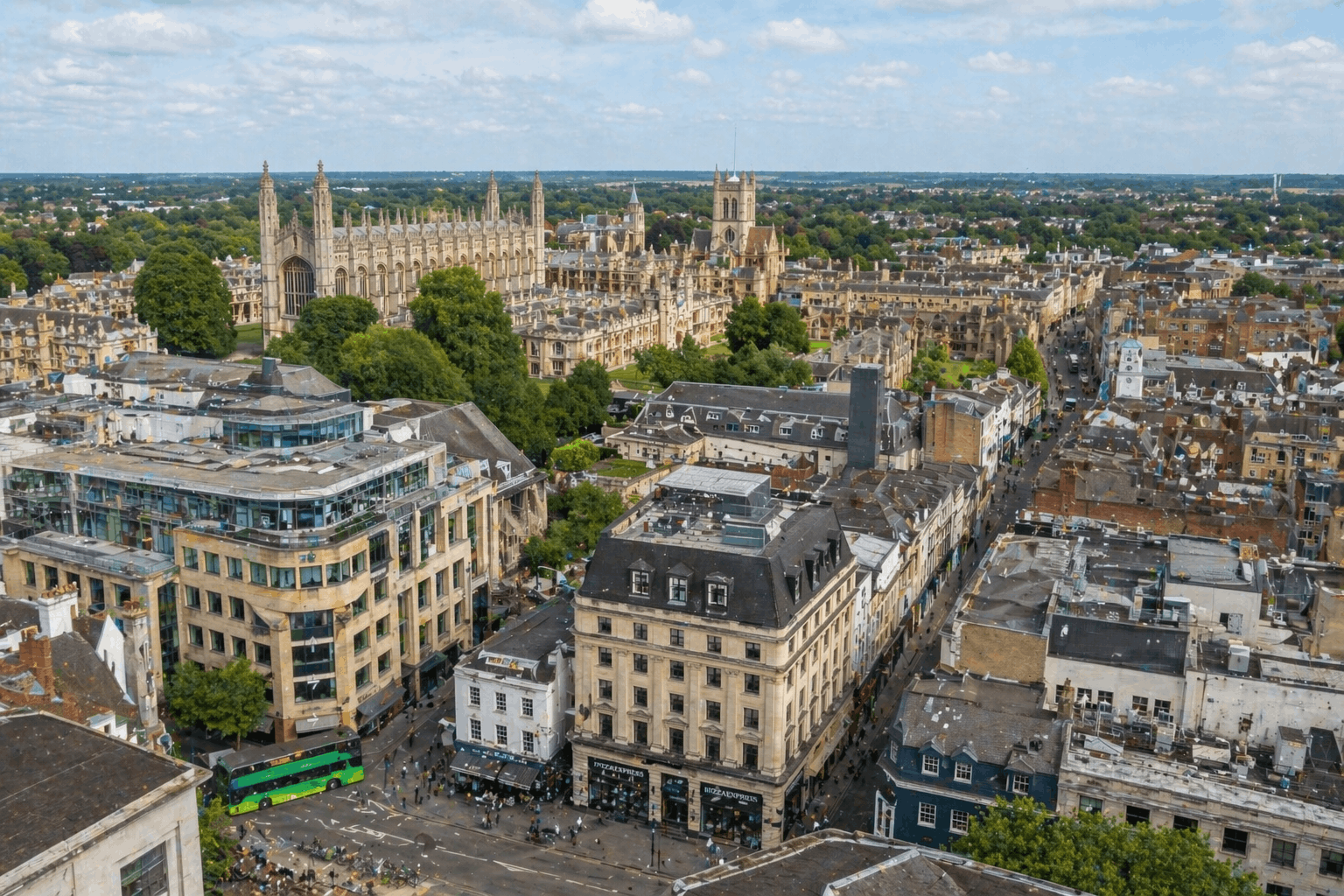 Cambridge urban commercial district view showing typical business properties served by Anglian PHE heating services