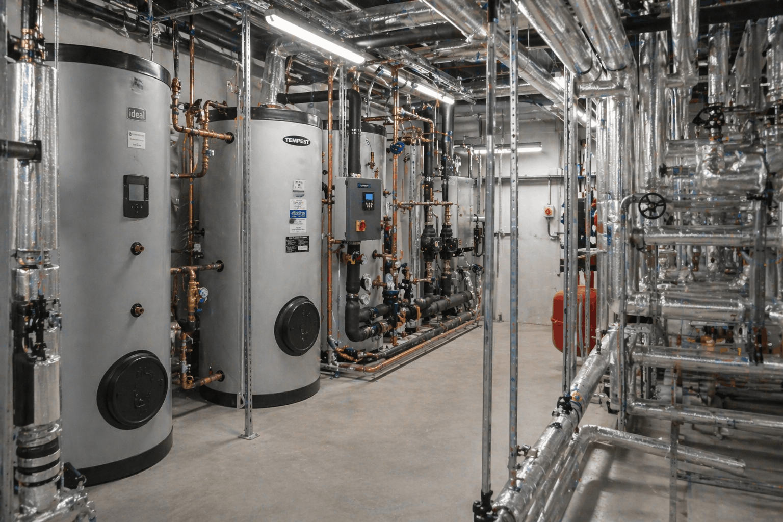 Commercial plant room in Colchester featuring high-capacity hot water cylinders and heating equipment