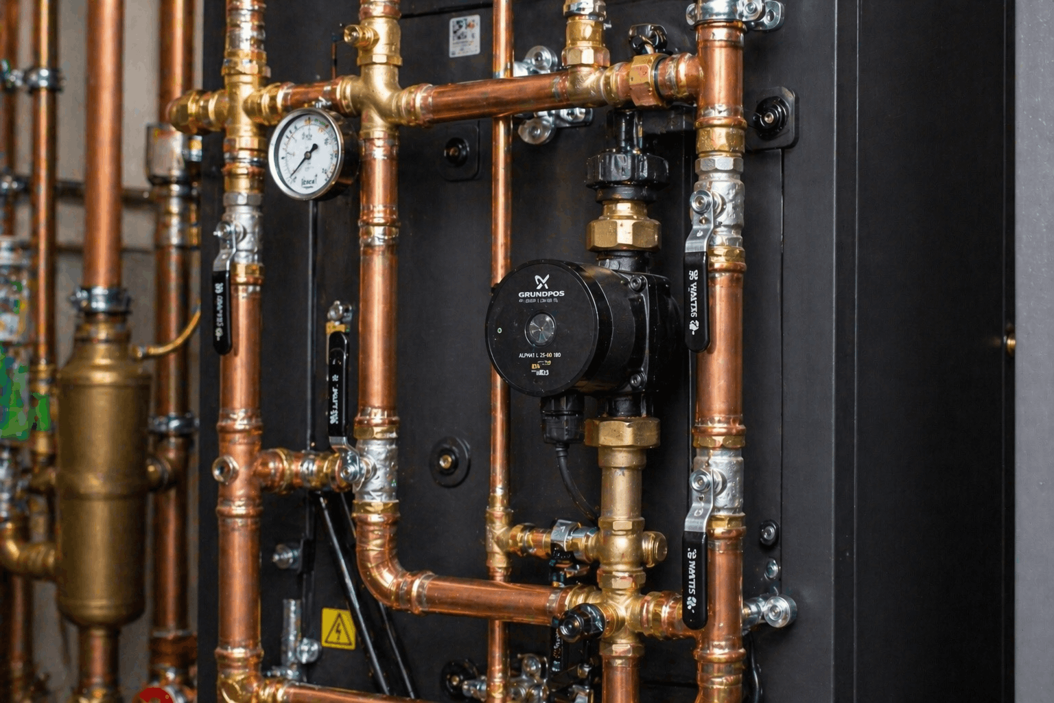 Close-up of commercial boiler pipework connections during professional installation in Bury St Edmunds