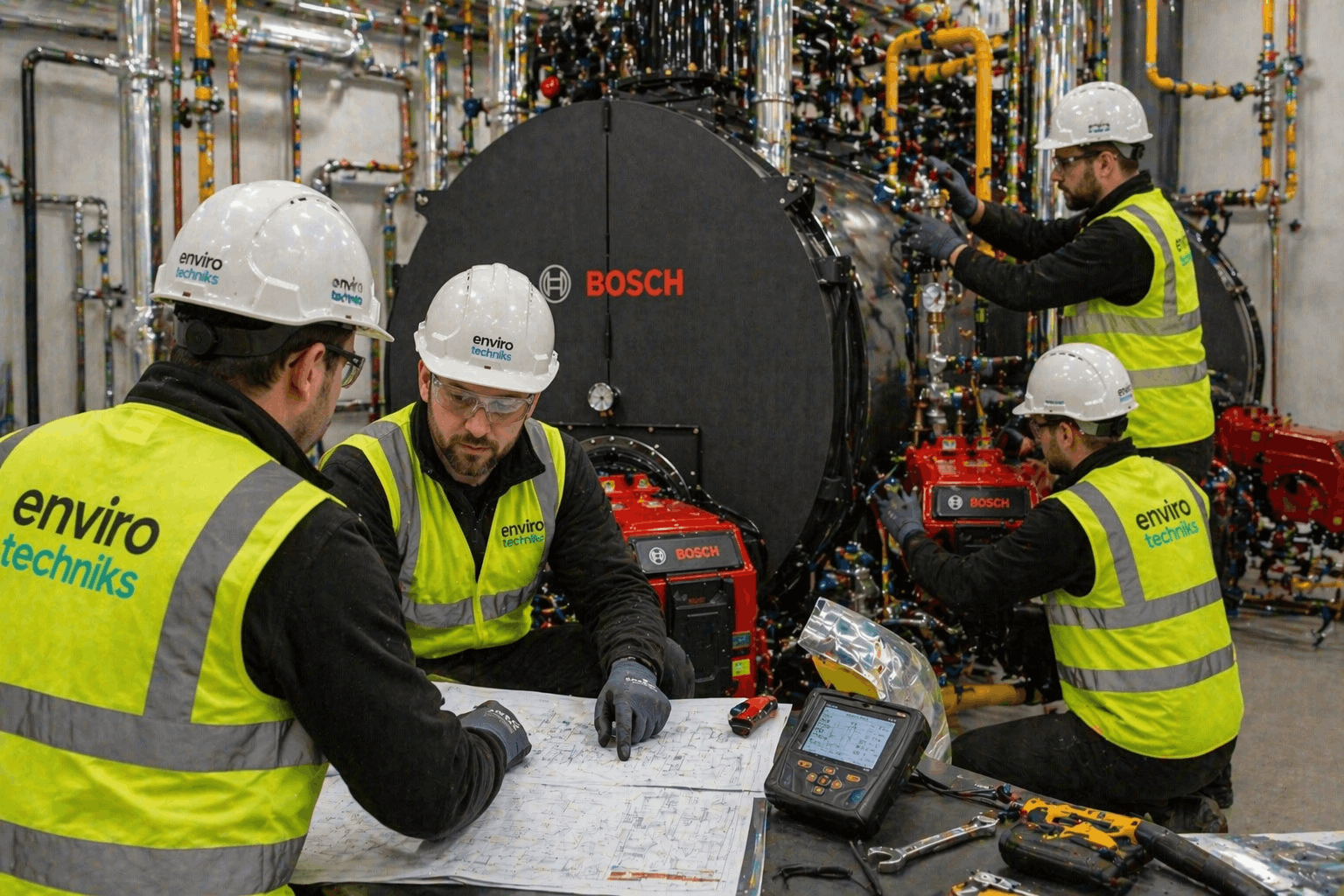 Professional commercial boiler installation team from Anglian PHE Ltd working on large-scale Haverhill project