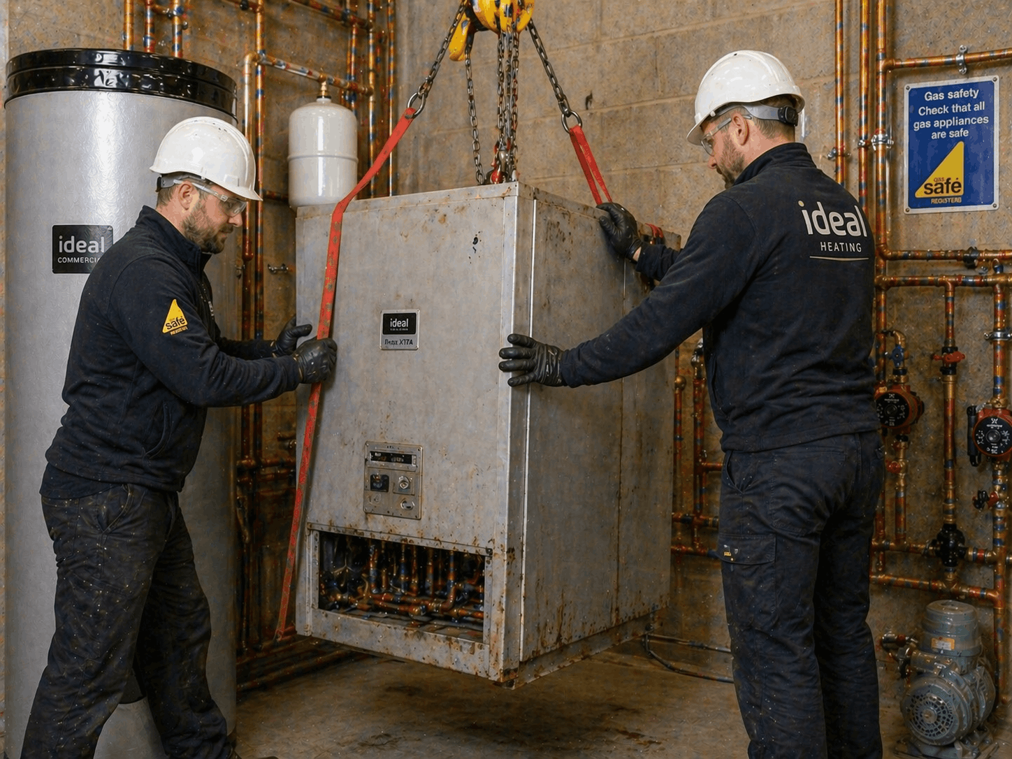 Careful removal of outdated commercial boiler equipment during replacement project in Great Dunmow Essex
