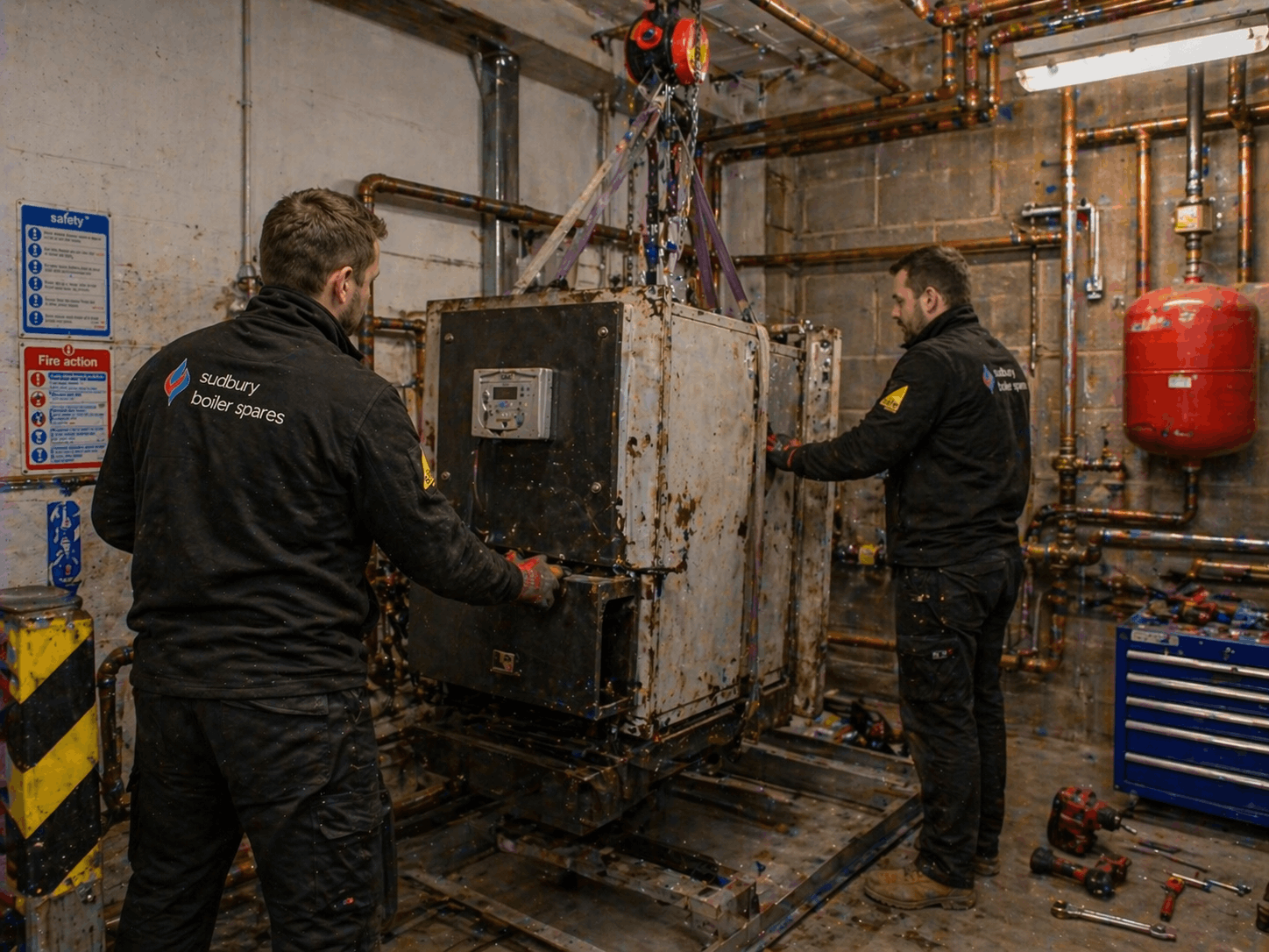 Commercial boiler removal process showing safe disconnection and extraction by certified heating engineers in Newmarket