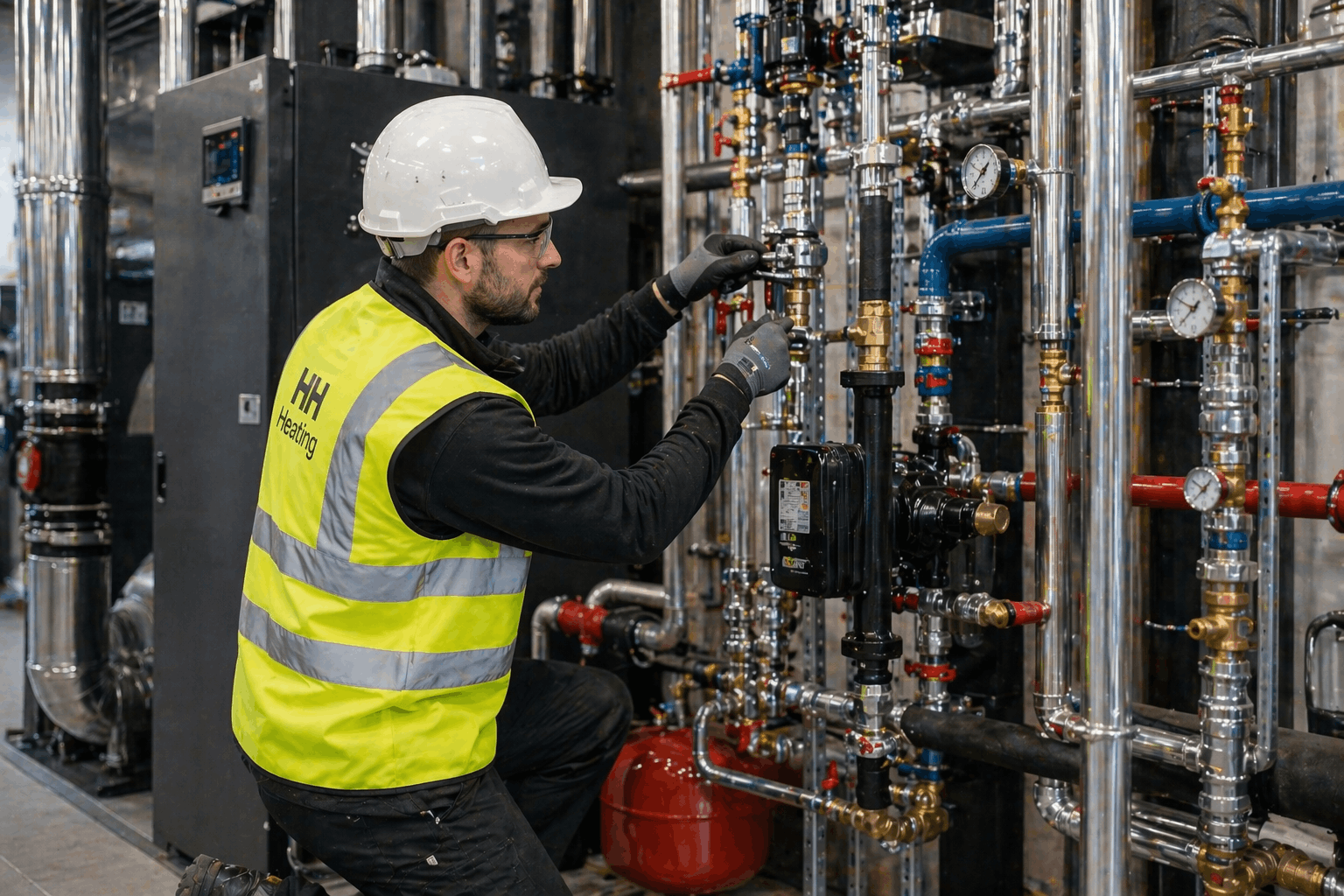 Commercial heating system assembly phase in Halstead industrial facility