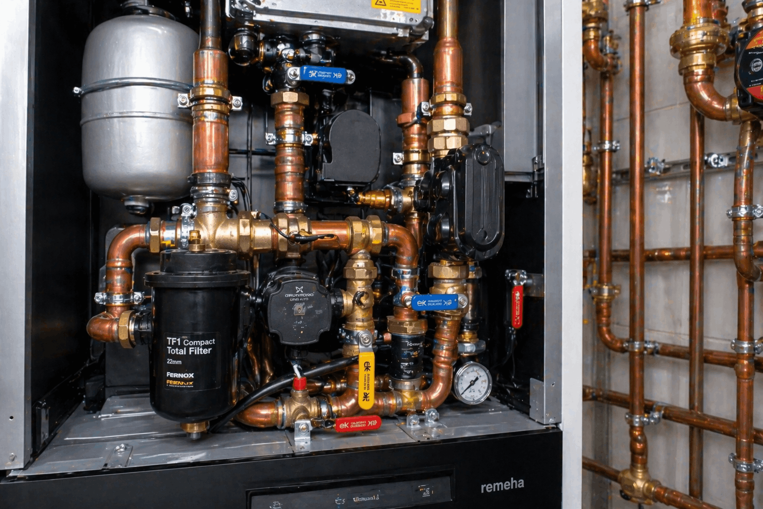 Gas Safe engineer connecting commercial heating pipework during boiler replacement in Braintree