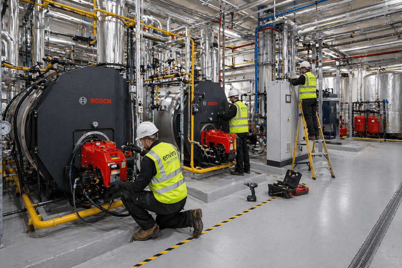 Commercial heating installation work in progress showing professional installation techniques in Sudbury industrial premises