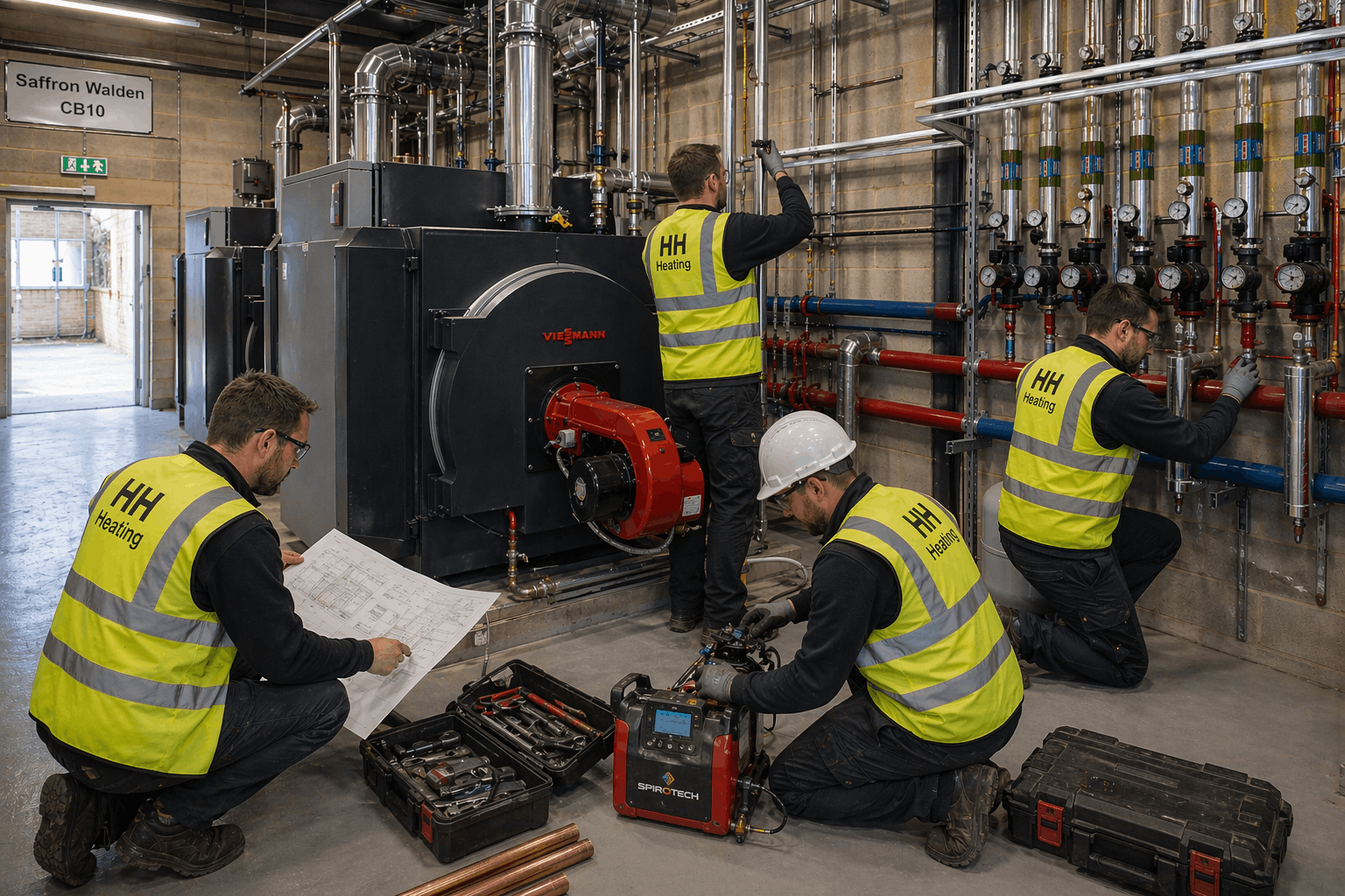 Professional commercial heating installation team working on large-scale boiler project in East Anglia