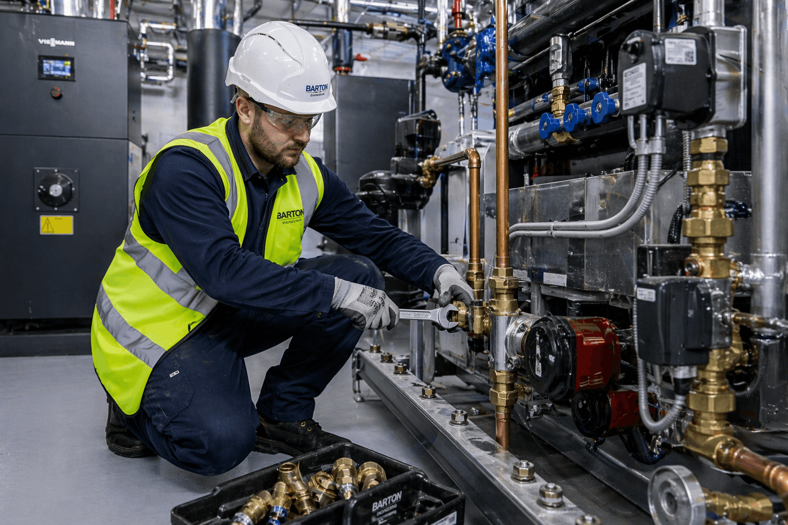 Commercial heating system assembly for Braintree business premises showing professional-grade boiler components