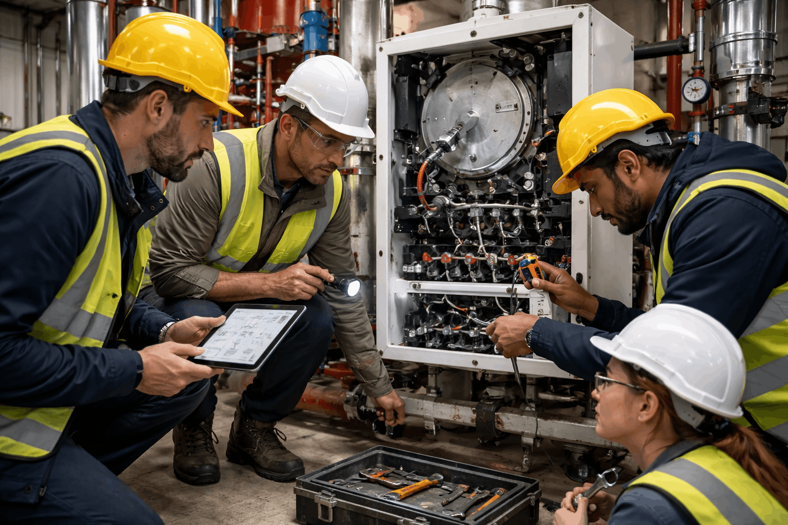 Team of Gas Safe engineers collaborating on commercial heating project in Cambridge workplace