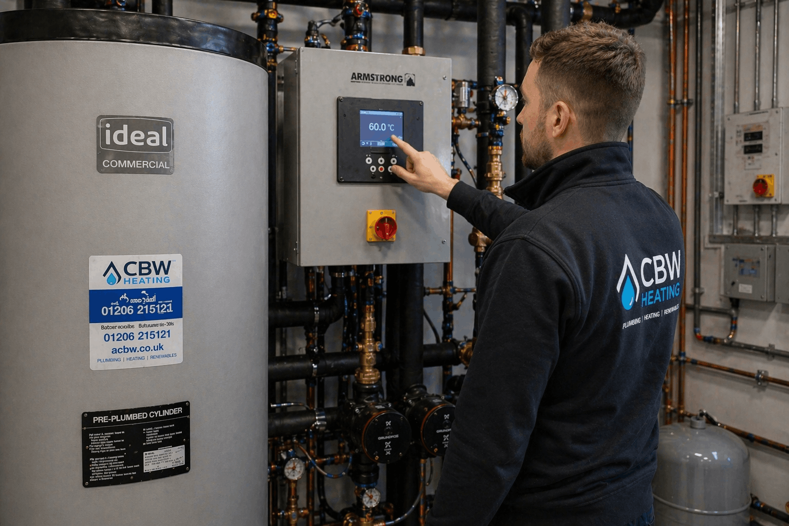 Engineer adjusting commercial hot water system controls for optimal temperature management in Braintree