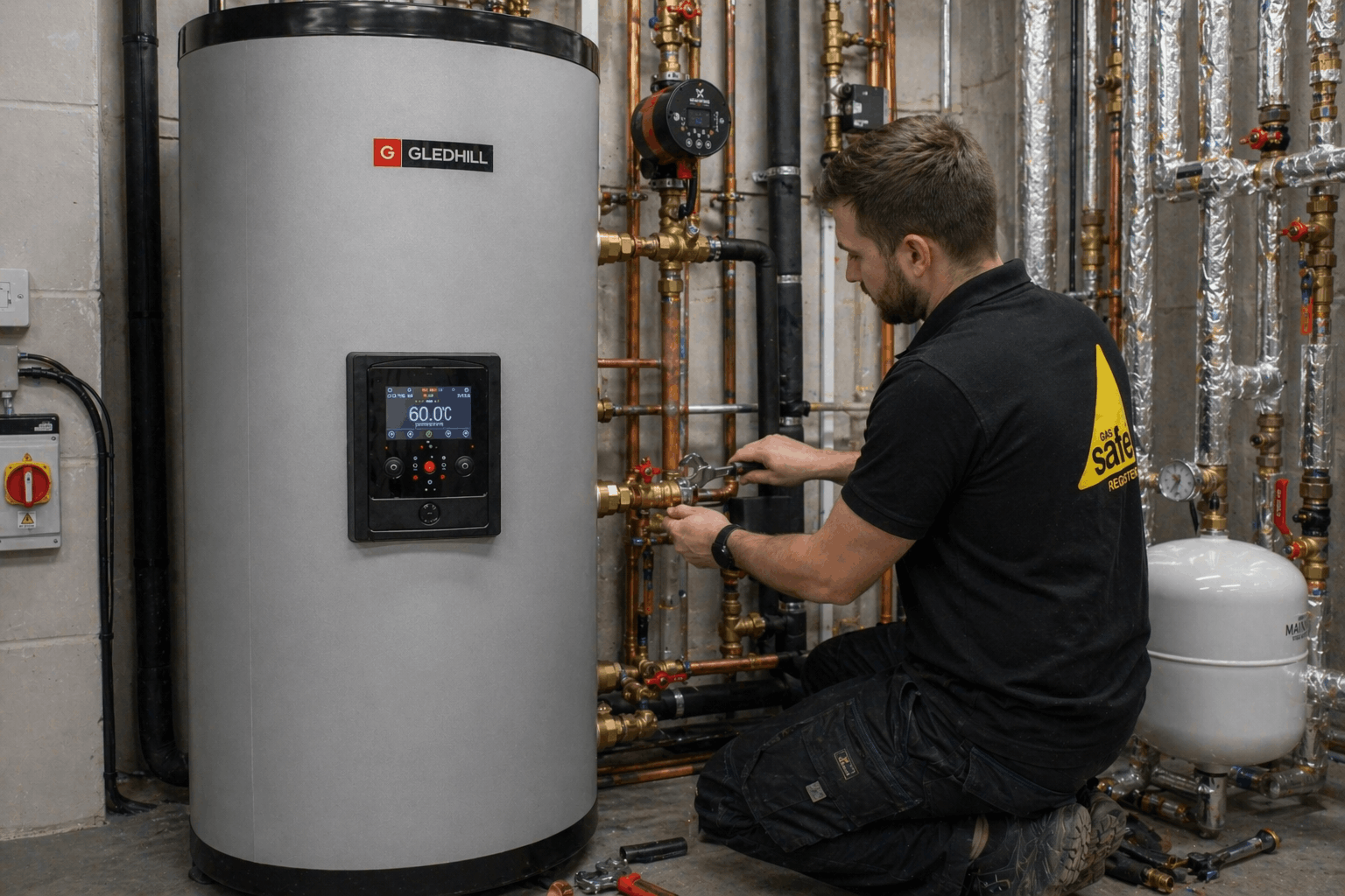 Commercial hot water cylinder installation in Haverhill business premises by Gas Safe engineer