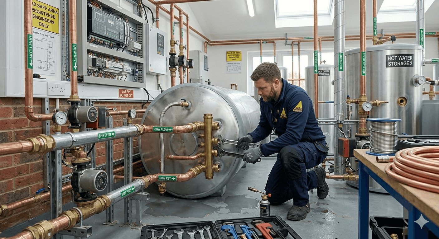Commercial hot water cylinder installation in progress at Saffron Walden business premises by Gas Safe registered engineer