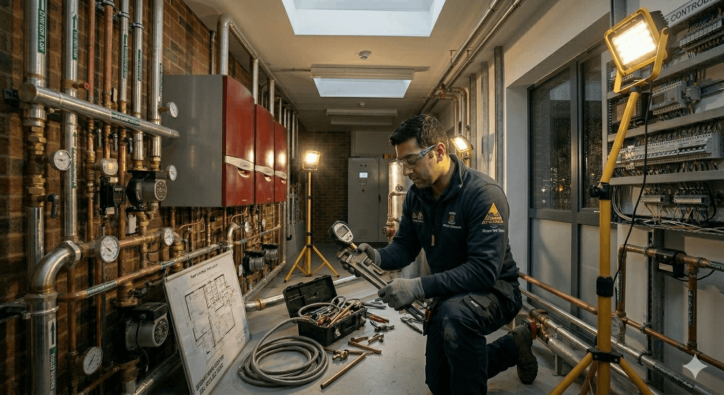 Engineer performing diagnostic testing on commercial hot water system in Newmarket