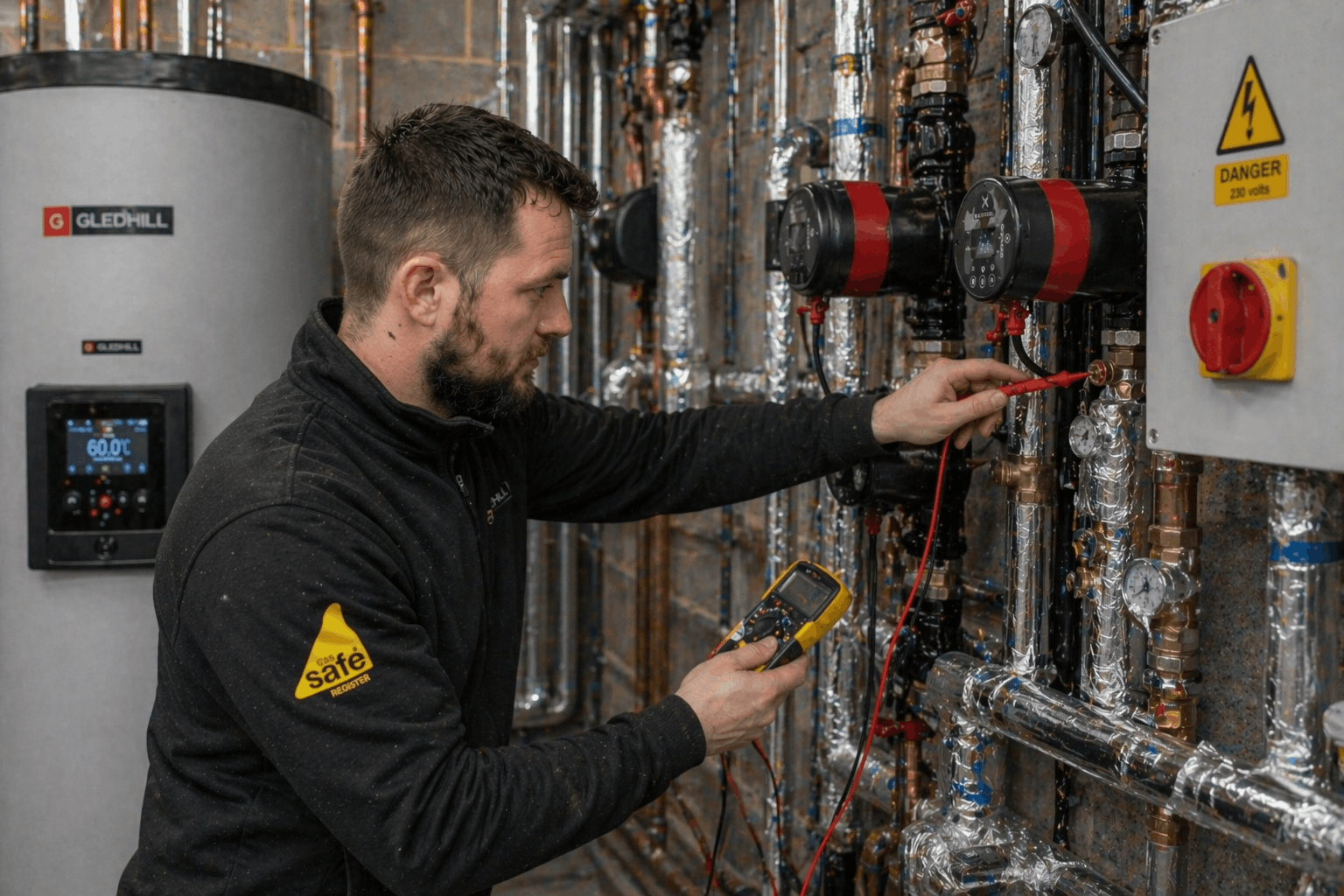 Engineer performing fault detection on commercial hot water system in Bury St Edmunds