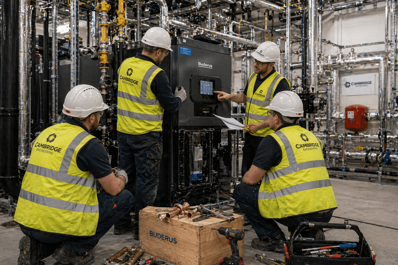 Team of Gas Safe registered commercial heating engineers from Anglian PHE during Cambridge installation project