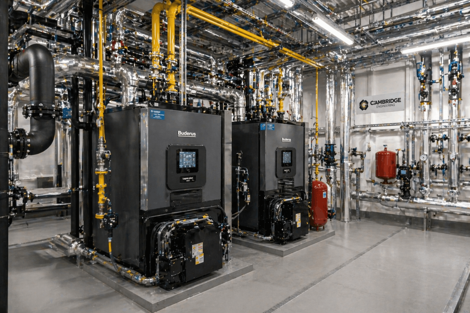 Fully completed and commissioned commercial heating system installation in Cambridge business premises showing modern boiler and controls