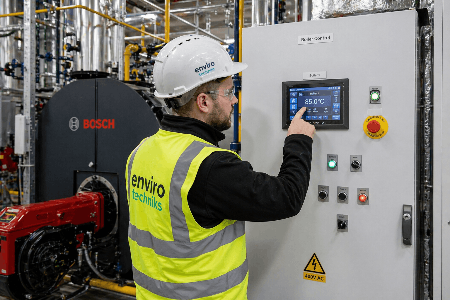 Digital boiler control panel setup and programming during commercial boiler installation in Sudbury