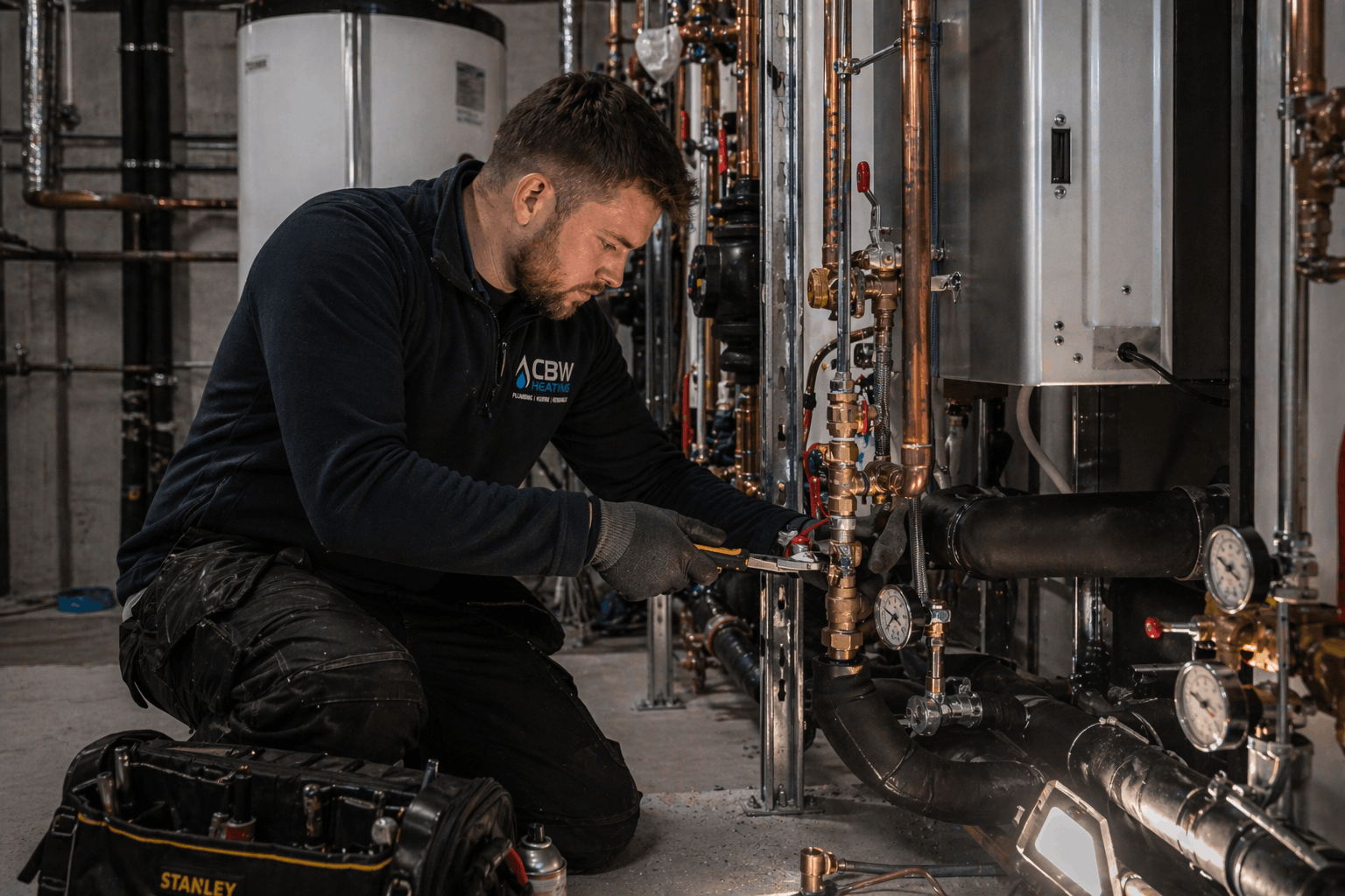 Emergency commercial hot water repair service in progress at Colchester commercial premises