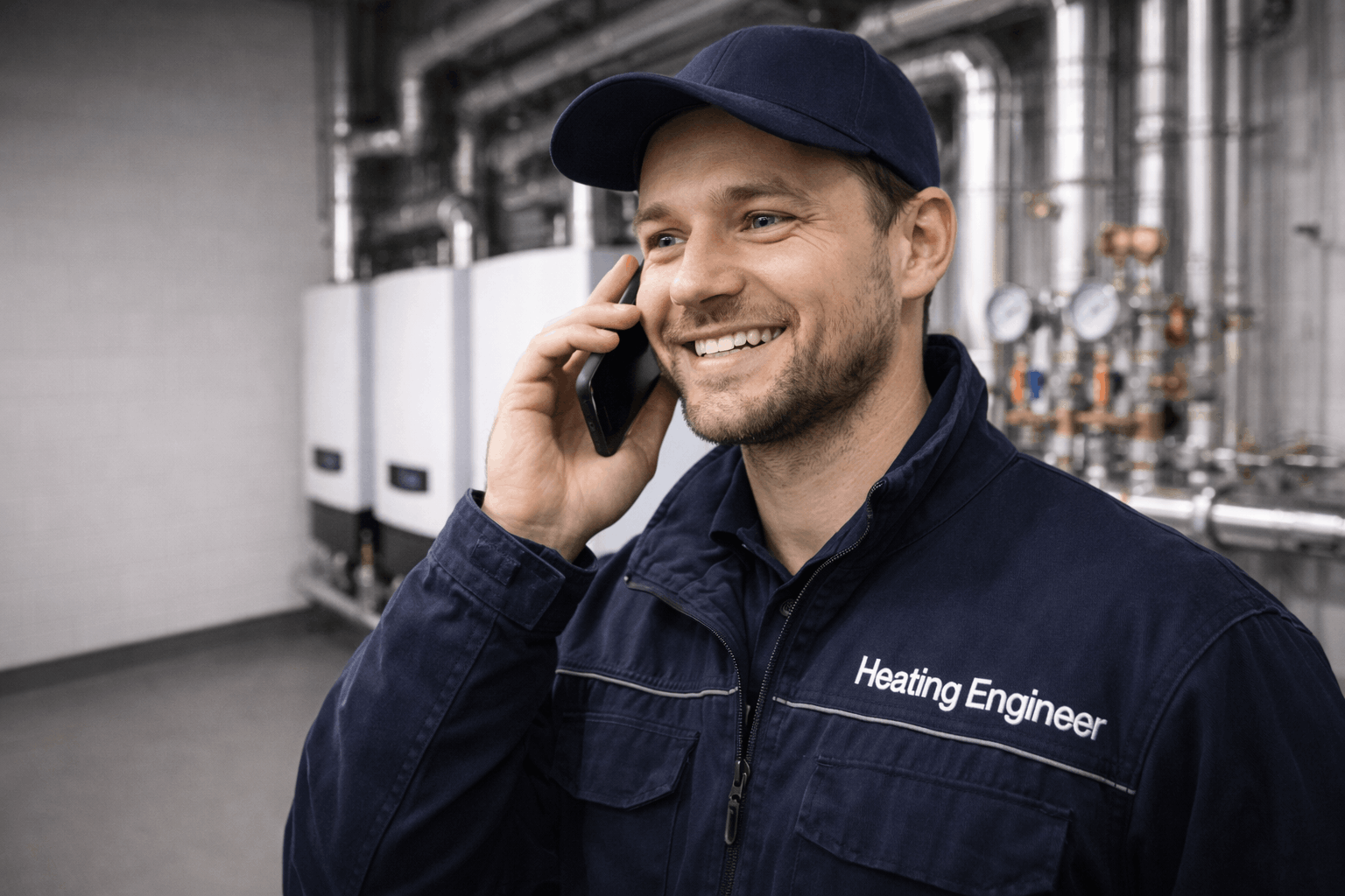 Anglian PHE Ltd engineer on emergency call discussing commercial boiler repair with Haverhill client