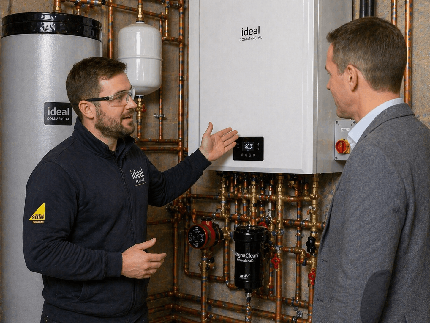 Gas Safe engineer discussing commercial boiler replacement options with business client in Halstead