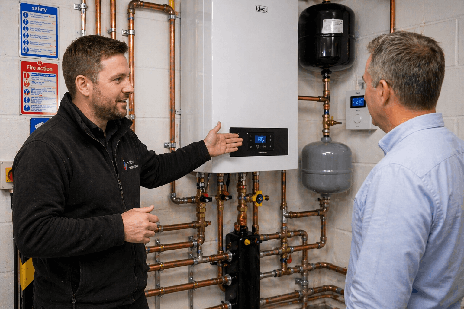 Anglian PHE engineer consulting with Newmarket business client about commercial boiler replacement options and system specifications