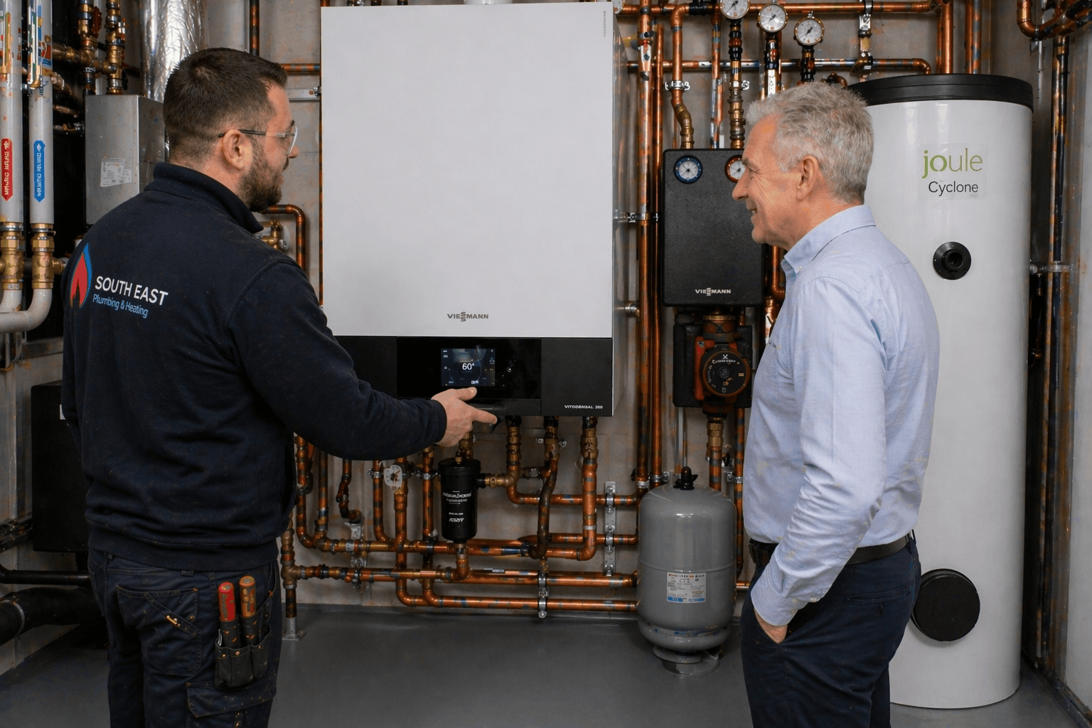 Commercial heating engineer consulting with Braintree business client about boiler replacement options