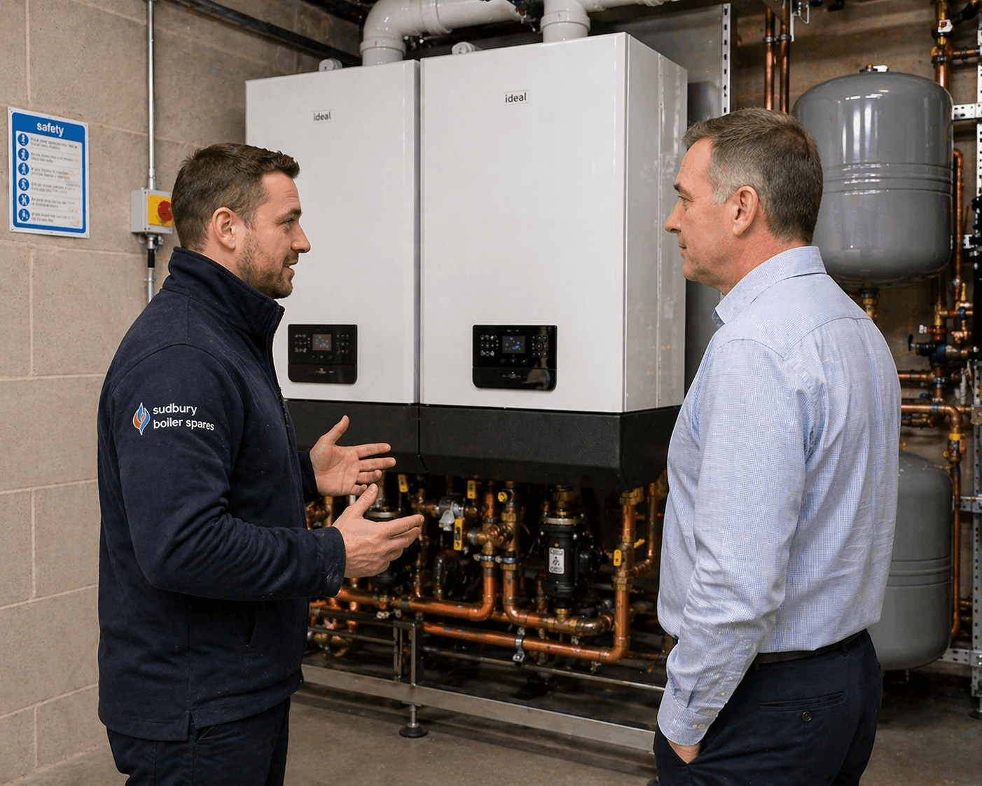 Heating engineer explaining commercial boiler replacement options to business client in Sudbury