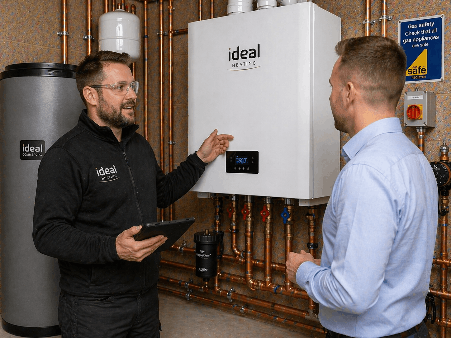 Gas Safe registered engineer explaining commercial boiler replacement options to Great Dunmow business owner during site consultation
