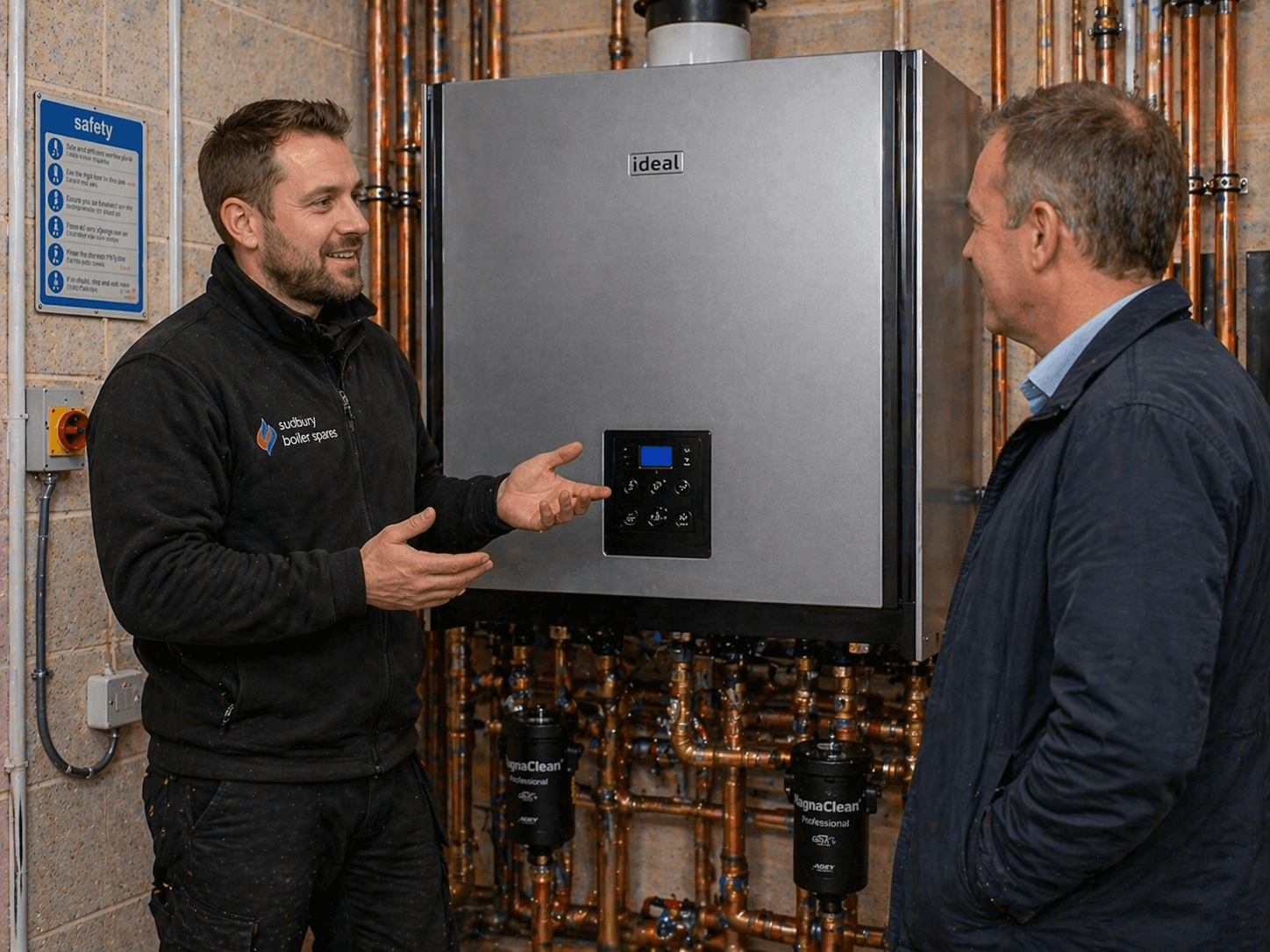 Gas Safe engineer conducting replacement walkthrough with commercial client in Haverhill