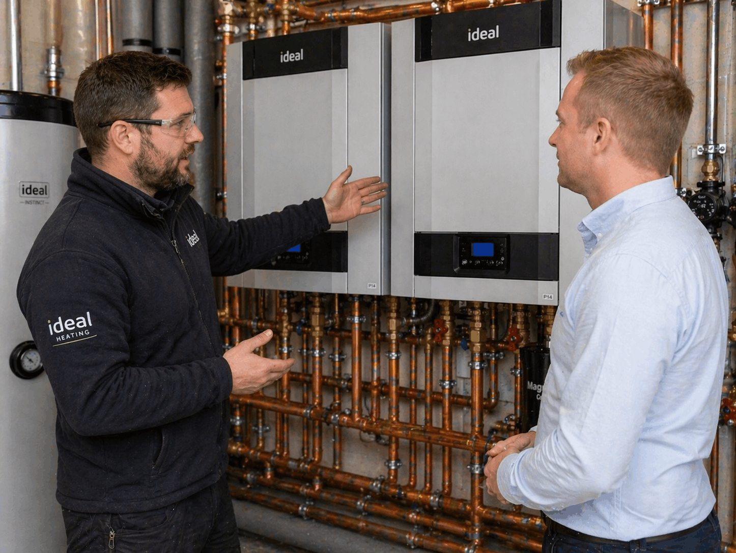 Engineer providing detailed commercial boiler replacement consultation to business owner in Saffron Walden