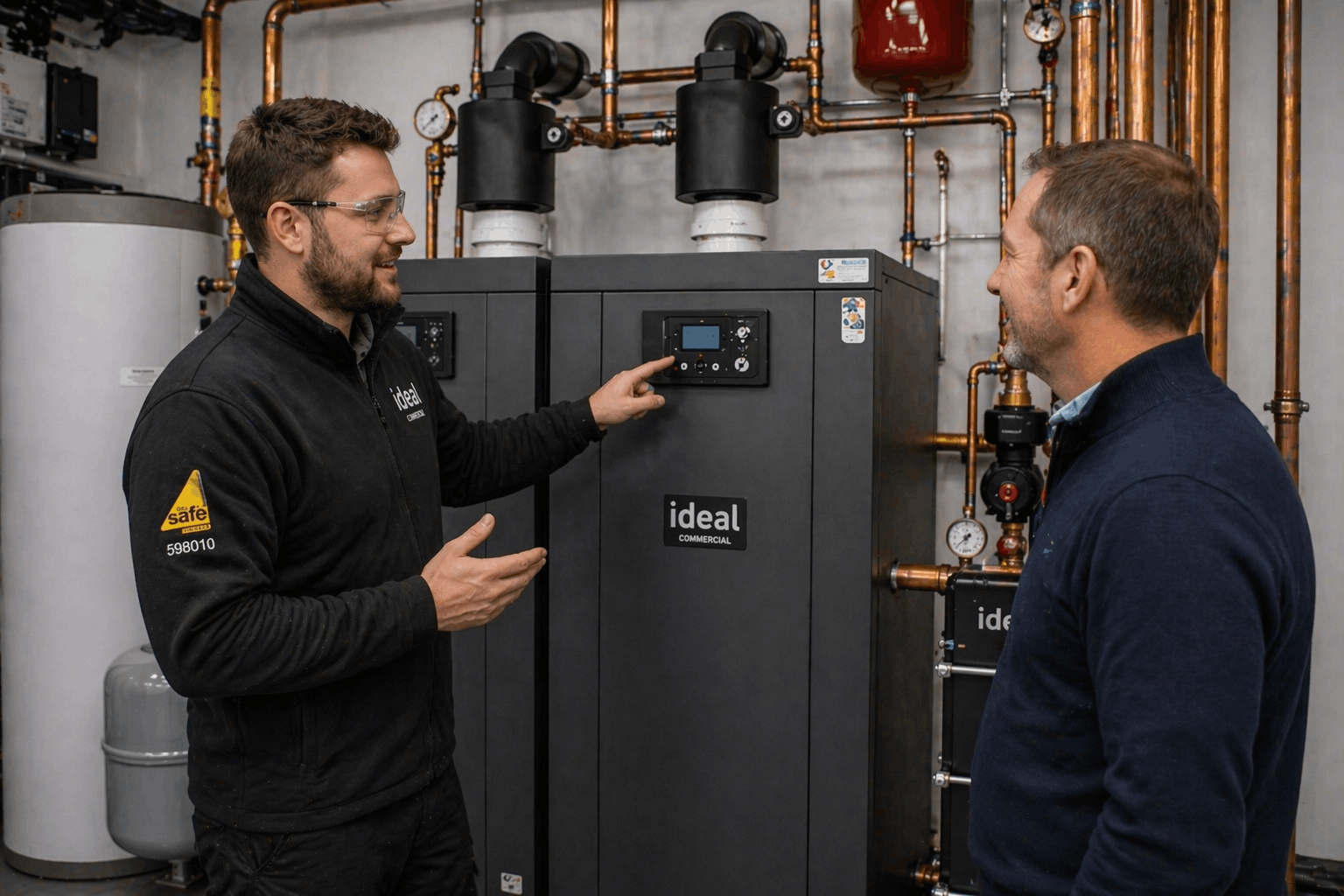 Anglian PHE engineer conducting commercial boiler replacement consultation with client in Bury St Edmunds