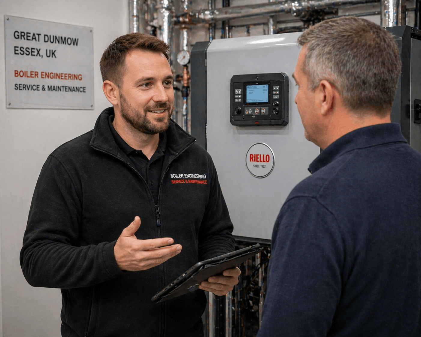 Anglian PHE Ltd engineer providing commercial boiler repair consultation to Great Dunmow business client