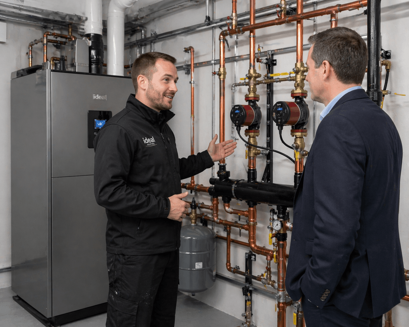 Gas Safe engineer explaining commercial boiler replacement options to Colchester business client