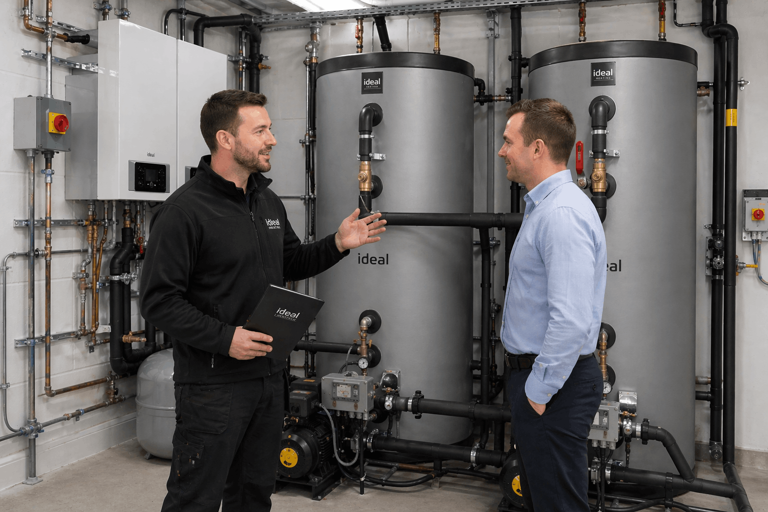 Engineer providing commercial hot water system consultation to Cambridge business client