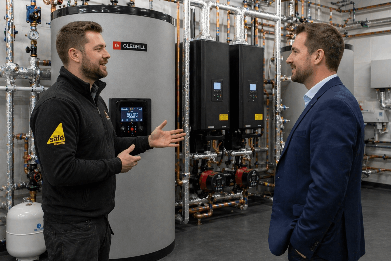 Anglian PHE engineer providing commercial hot water consultation to Haverhill business owner