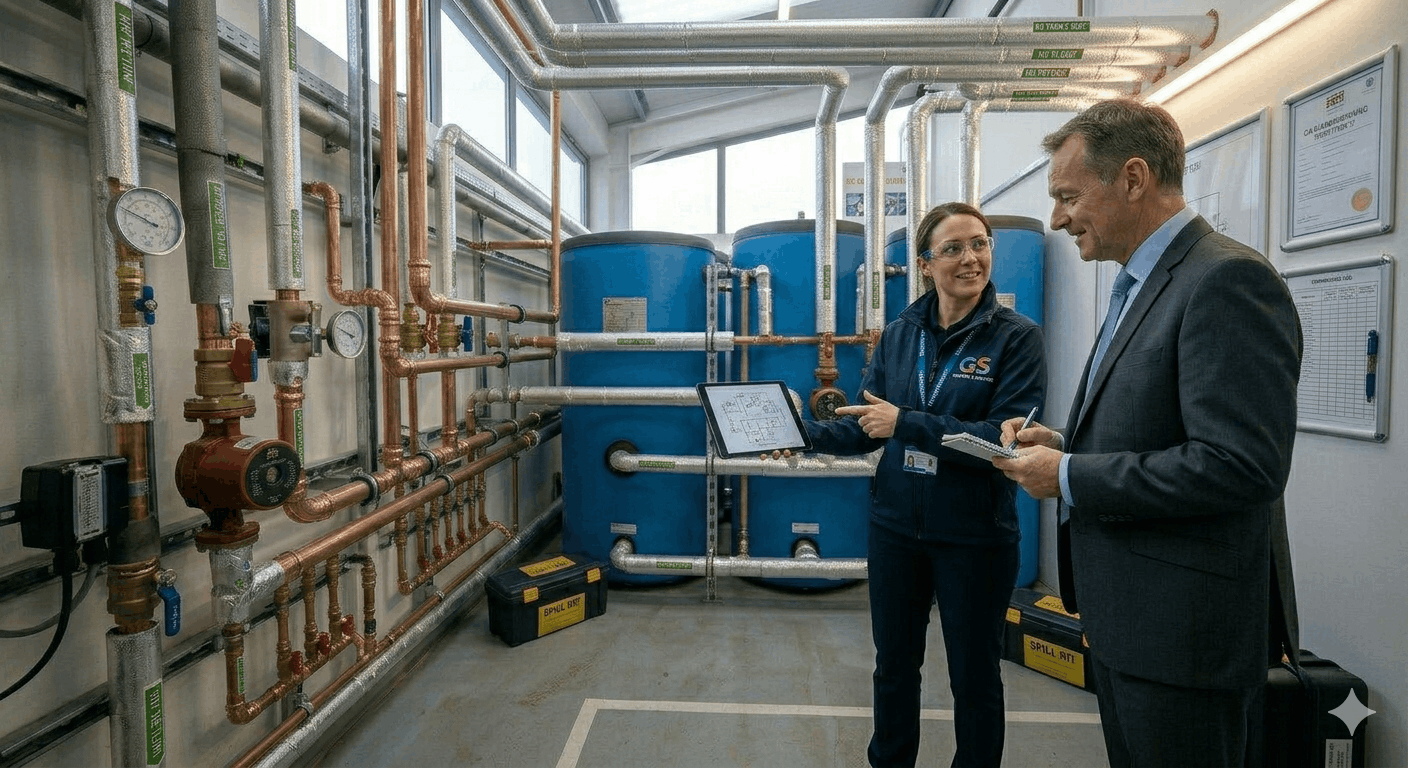 Gas Safe commercial heating engineer conducting hot water system consultation for Sudbury business client