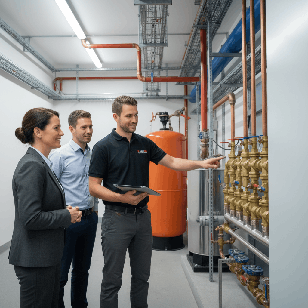 Professional engineer providing commercial hot water system consultation for Great Dunmow business client