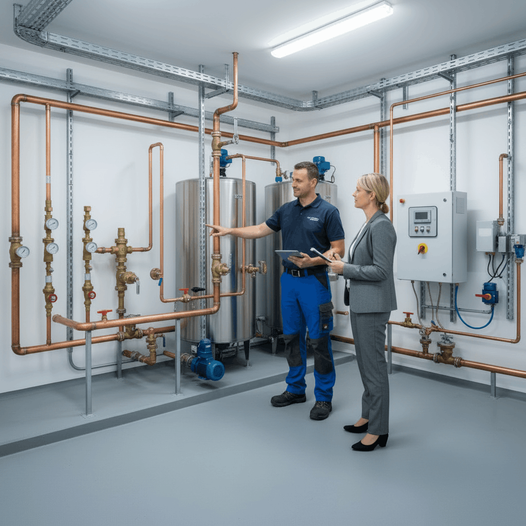 Gas Safe registered engineer conducting commercial hot water system consultation in Halstead