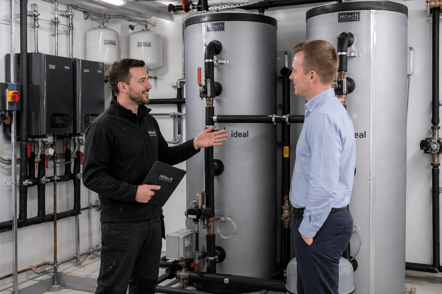 Gas Safe registered engineer consulting with Braintree business client about hot water system requirements