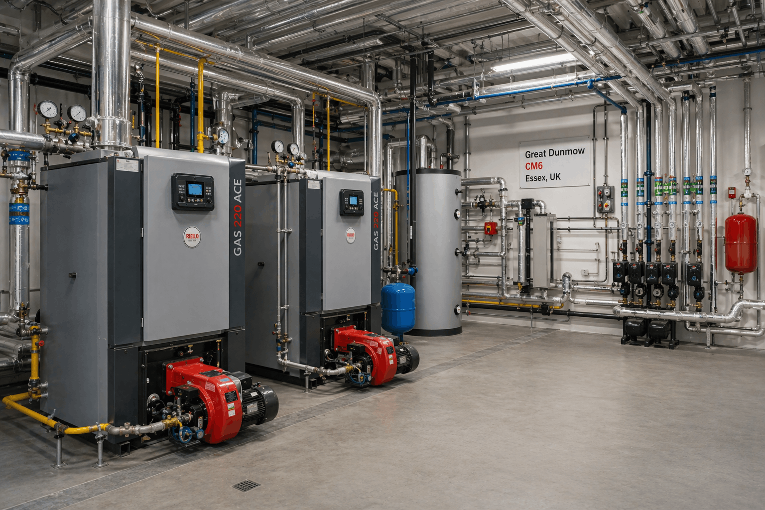 Commercial boiler room layout showing professional heating system installation in Great Dunmow property