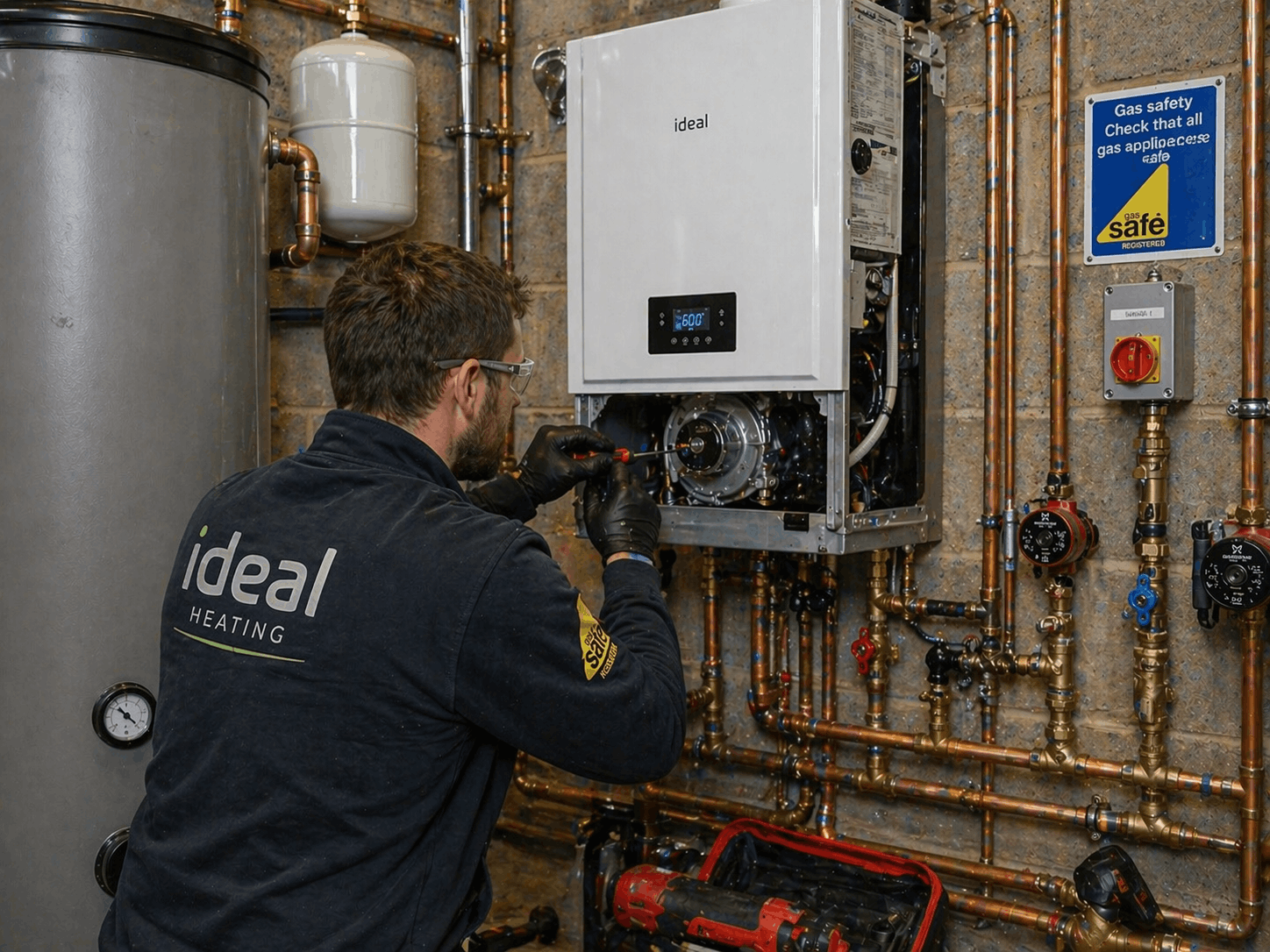 High-efficiency commercial boiler replacement installation in progress at Great Dunmow business location