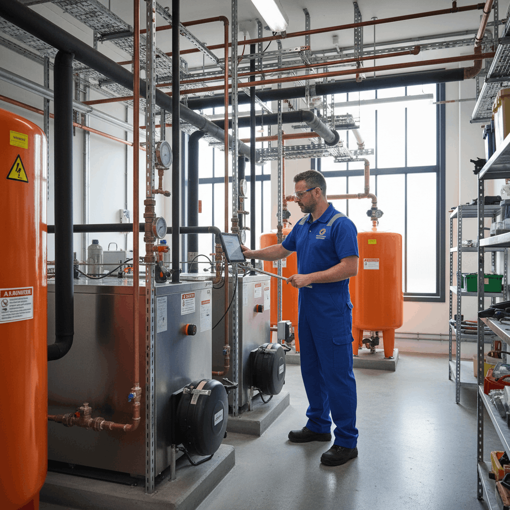 Modern commercial hot water system installed in Great Dunmow business plant room