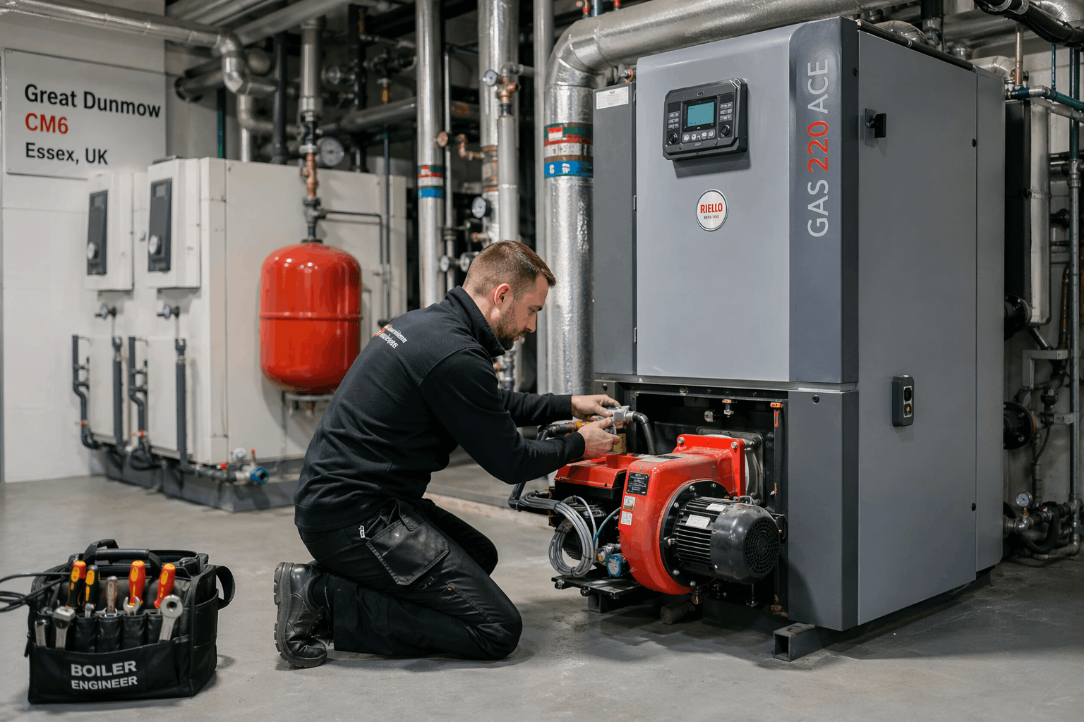 Commercial heating system repair service being performed by Gas Safe engineer in Great Dunmow
