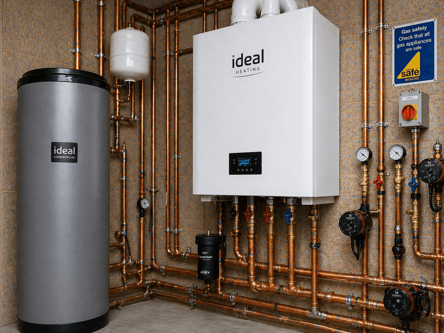 Newly installed commercial boiler replacement system fully commissioned and operational in Great Dunmow property