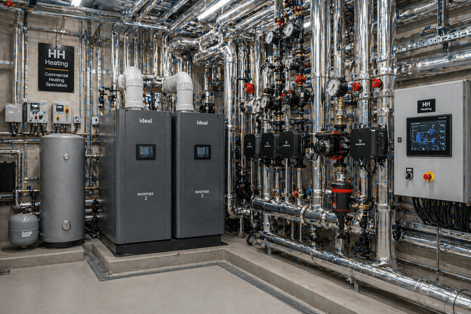 Newly installed commercial boiler system in Great Dunmow showing complete installation
