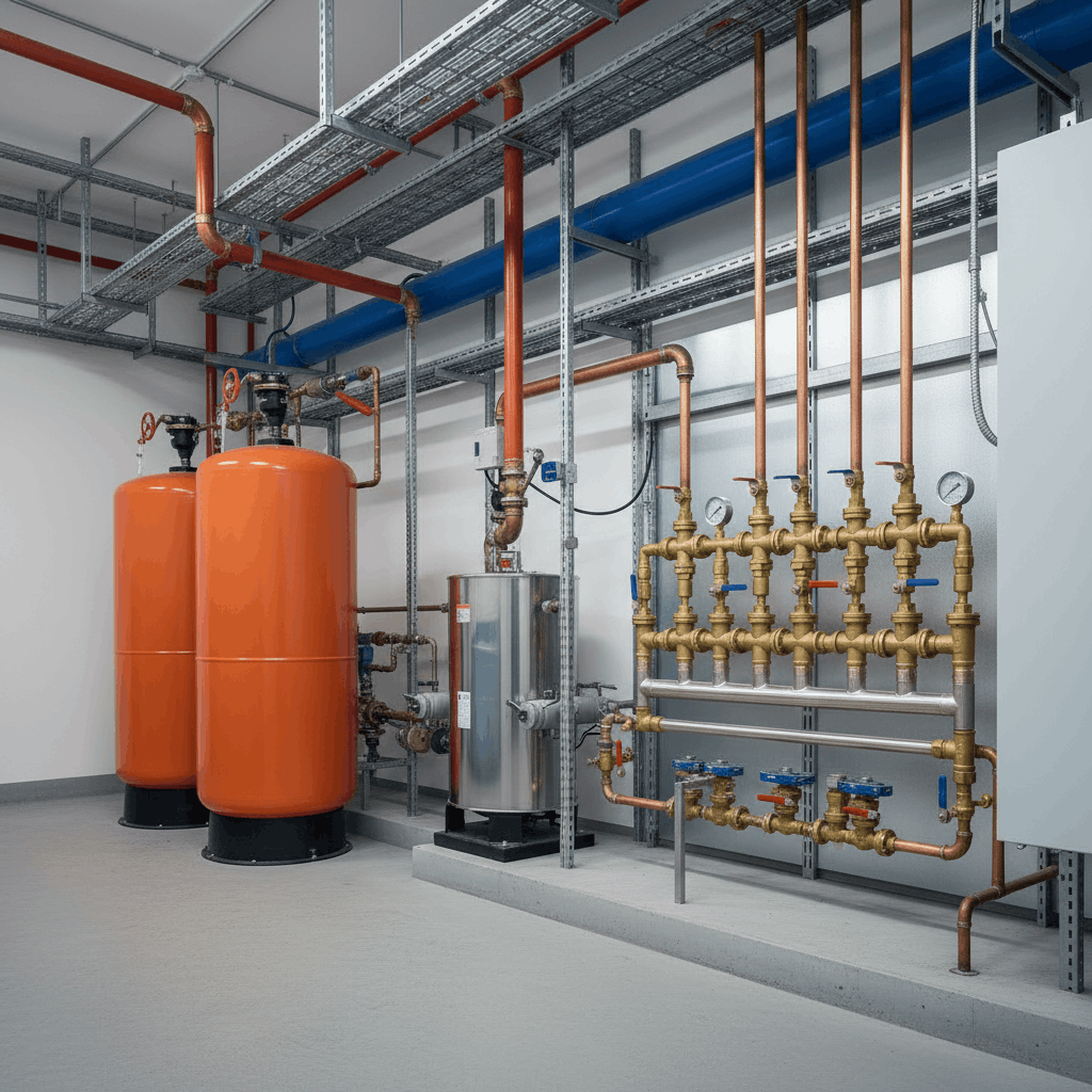 Newly installed commercial hot water system in Great Dunmow business showing professional pipework